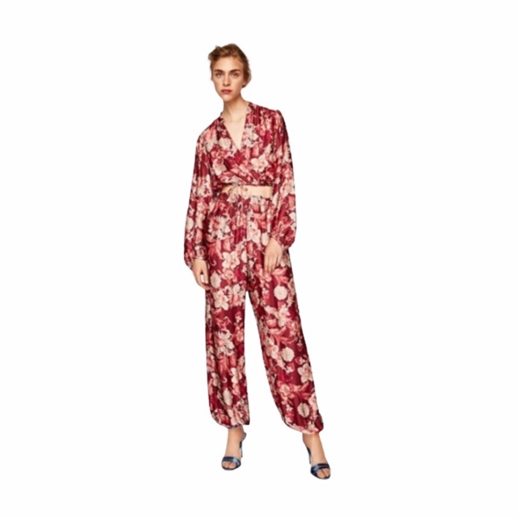 ZARA FLORAL VOLUMINOUS MAROON BLOUSE/ BOTTOM SZ L - Picture 2 of 11